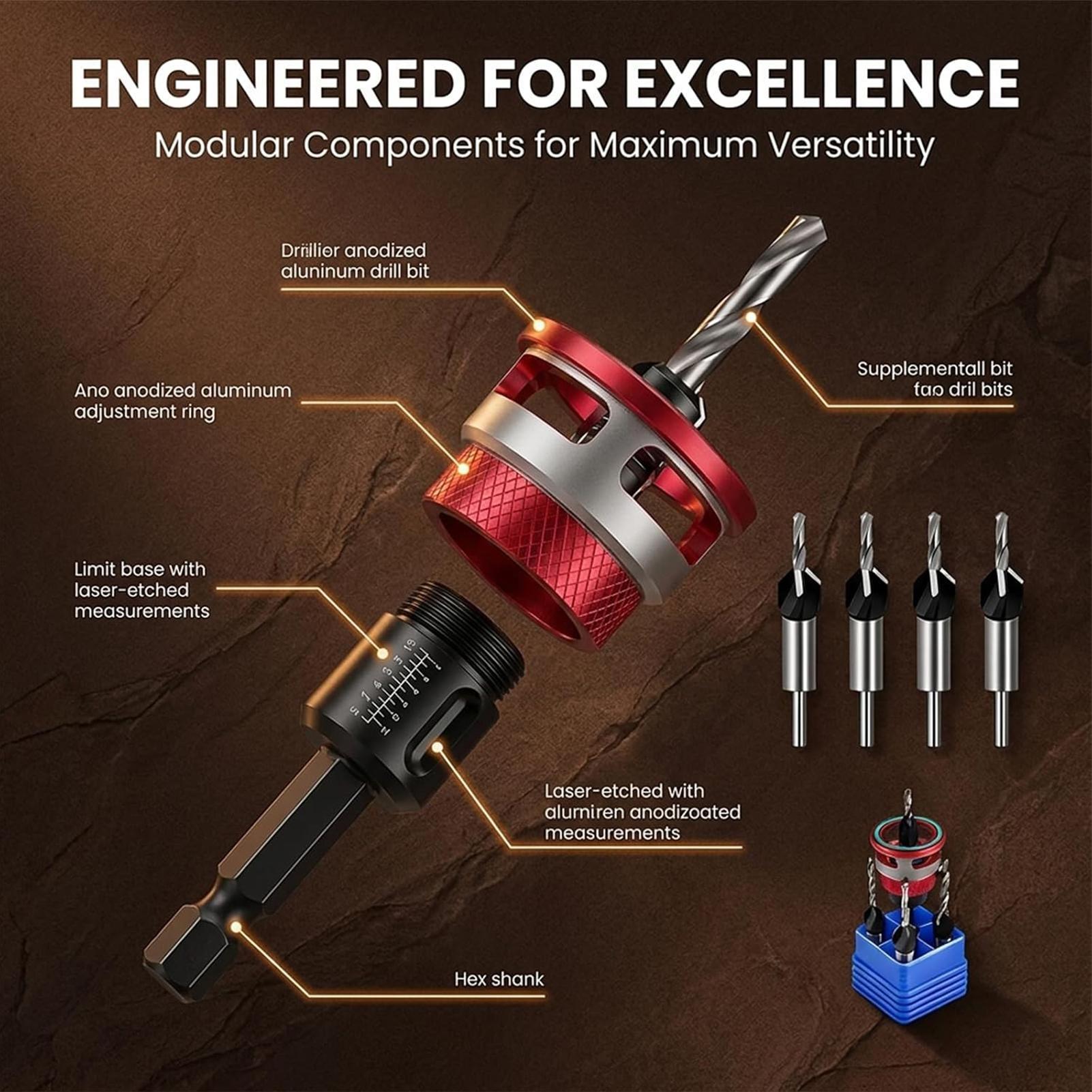 Woodworking Drills - Countersink Drill Bit Set With Adjustable